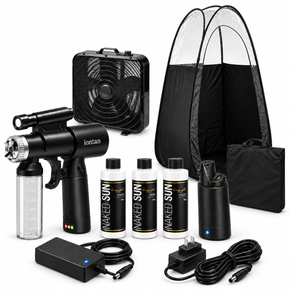 Naked Sun IonTan DualPower Spray Tan Kit with Extraction Fan, Tent & Naked Sun Solution Trio – Cordless/AC Handheld Machine, Dark, Violet & Rapid Solutions – Complete Professional Spray Tanning System