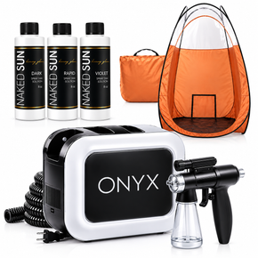 Naked Sun Onyx Spray Tanning Machine with Professional Tanning Gun with Light Kit and Honey Glow Tanning Solution and Brown Tent Bundle (5 Items)