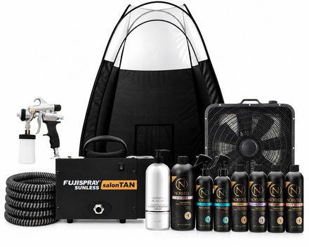 Fuji 2150 Ultra Quiet Tan Machine with TAN7350 Spray Gun, Norvell Pro Tanning Solution Pack, X-Fan Overspray Extractor and Black Tent