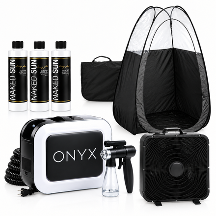Naked Sun Onyx Spray Tanning Machine with Professional Tanning Gun with Light Kit and Honey Glow Tanning Solution Trio, X-Fan and Black Tent Kit