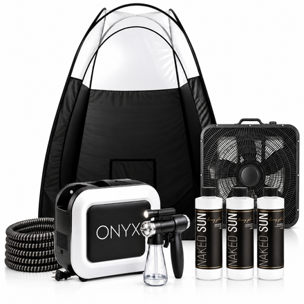 Naked Sun Onyx Spray Tanning Machine with Professional Tanning Gun with Light Kit and Honey Glow Tanning Solution Trio, X-Fan and Black Tent Kit
