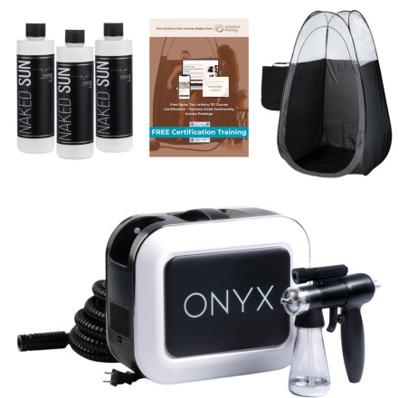 Naked Sun Onyx Spray Tanning Machine with Professional Tanning Gun with Light Kit and Honey Glow Tanning Solution and Black Tent Bundle (5 Items)
