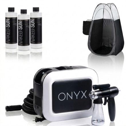 Naked Sun Onyx Spray Tanning Machine with Professional Tanning Gun with Light Kit and Honey Glow Tanning Solution and Black Tent Bundle (5 Items)