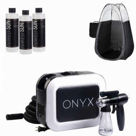 Naked Sun Onyx Spray Tanning Machine with Professional Tanning Gun with Light Kit and Honey Glow Tanning Solution and Black Tent Bundle (5 Items)