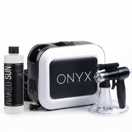 Naked Sun Onyx Spray Tan Machine  Professional Tanning Gun with Light Kit and Honey Glow Rapid Develop Tanning Solution