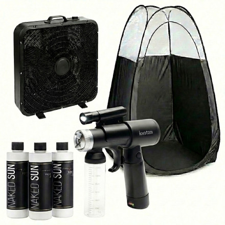 Naked Sun IonTan DualPower Spray Tan Kit with Extraction Fan, Tent & Naked Sun Solution Trio – Cordless/AC Handheld Machine, Dark, Violet & Rapid Solutions – Complete Professional Spray Tanning System