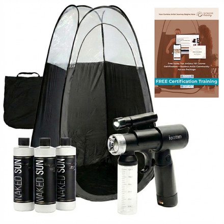 Naked Sun IonTan DualPower Spray Tan Kit with Tanning Tent & Naked Sun Solution Trio – Cordless/AC Handheld Machine, Dark, Violet & Rapid Solutions – Professional At-Home or Mobile Spray Tanning System