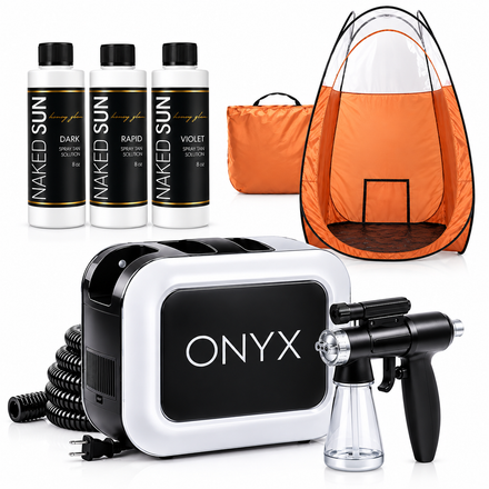 Naked Sun Onyx Spray Tanning Machine with Professional Tanning Gun with Light Kit and Honey Glow Tanning Solution and Brown Tent Bundle (5 Items)