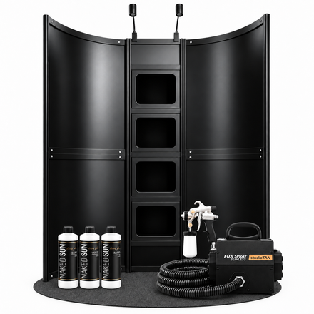 Wave Contour Spray Tan Booth Bundle w/ Fuji 2100 SoloTan System & TAN7350 Applicator + Naked Sun Honey Glow Trio – Professional HVLP Spray Tanning Kit w/ Overspray Extraction