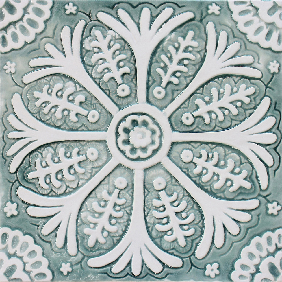 Set of 4 large aqua & white tiles - Floral tiles by GVEGA