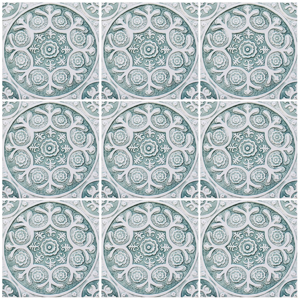Set of 4 large aqua & white tiles - Floral tiles by GVEGA