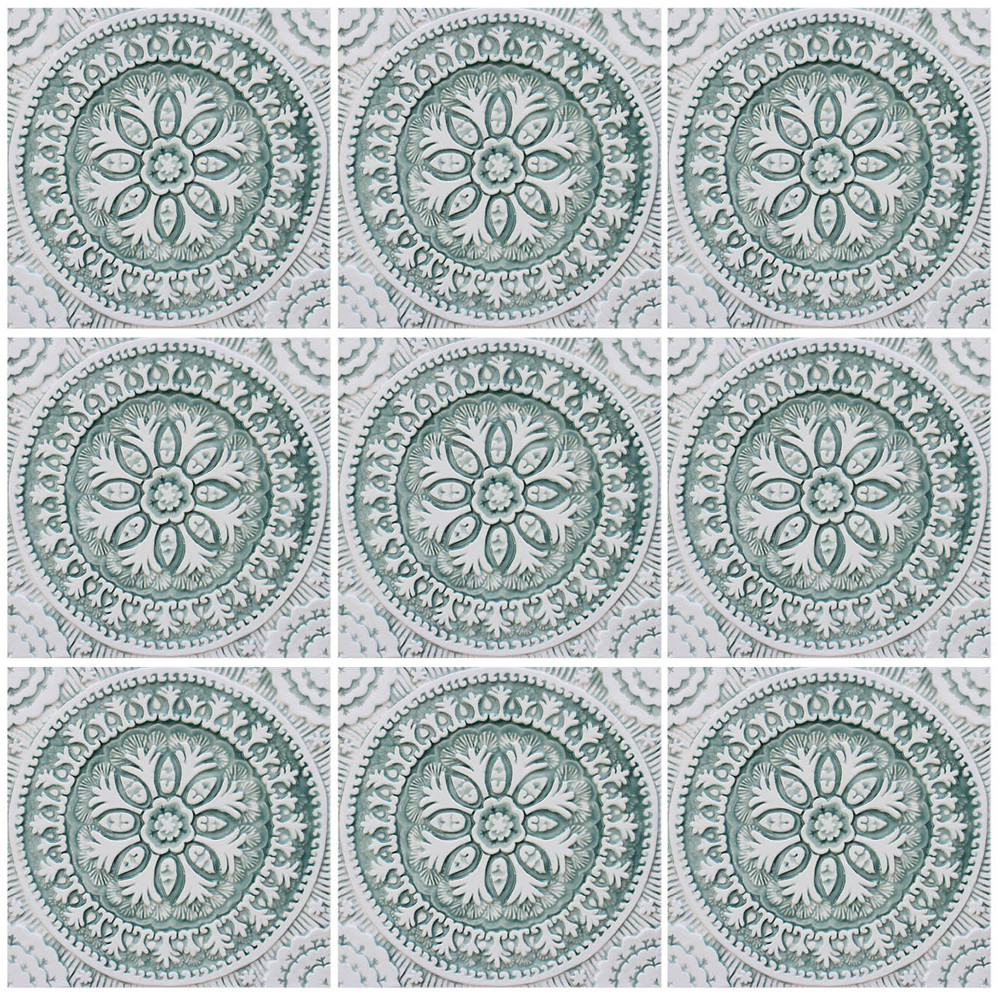 Set of 4 large aqua & white tiles - Floral tiles by GVEGA