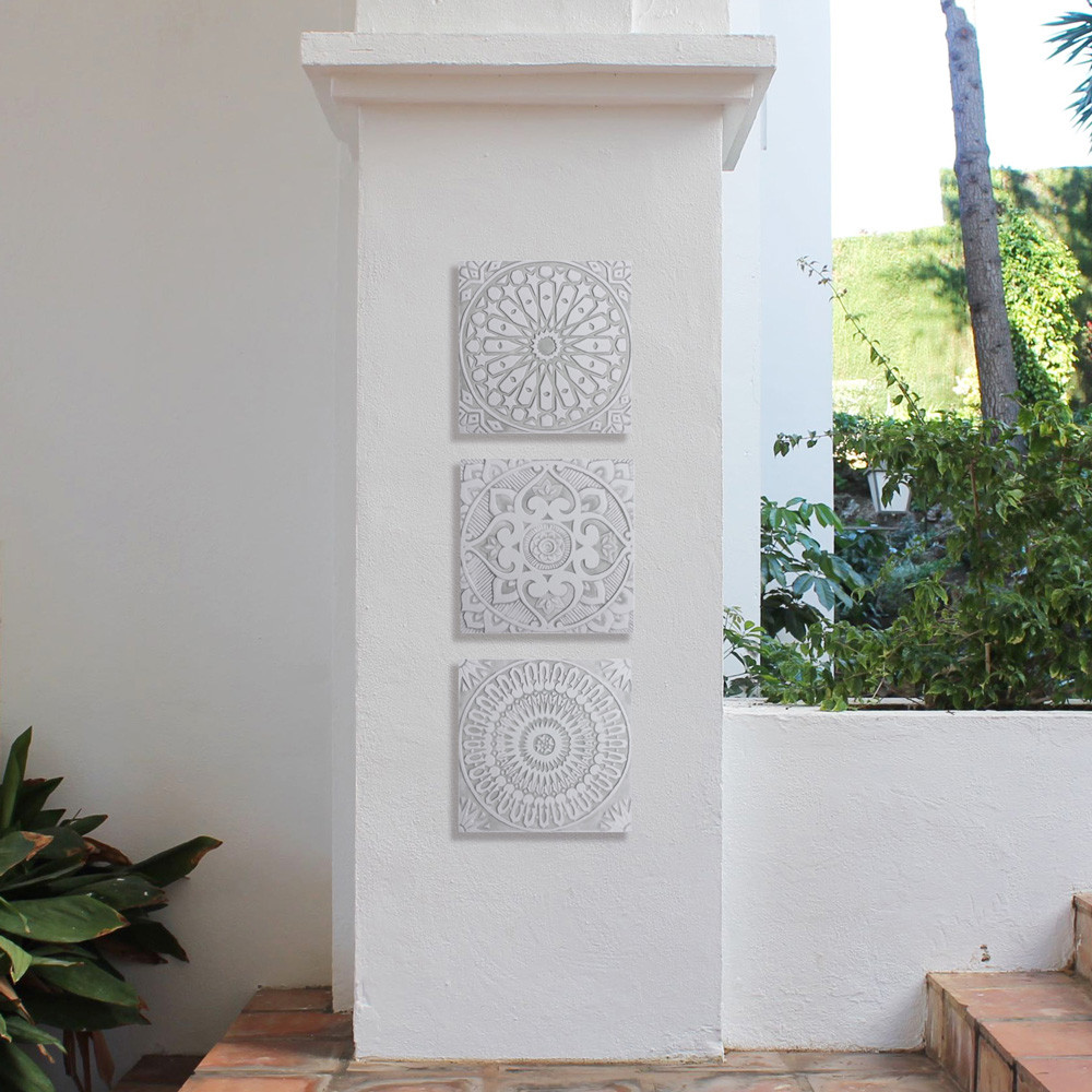 Handmade moroccan tile for kitchens, bathrooms and outdoor wall art. Decorative tile handmade in Spain. Relief tile glazed in grey and white.