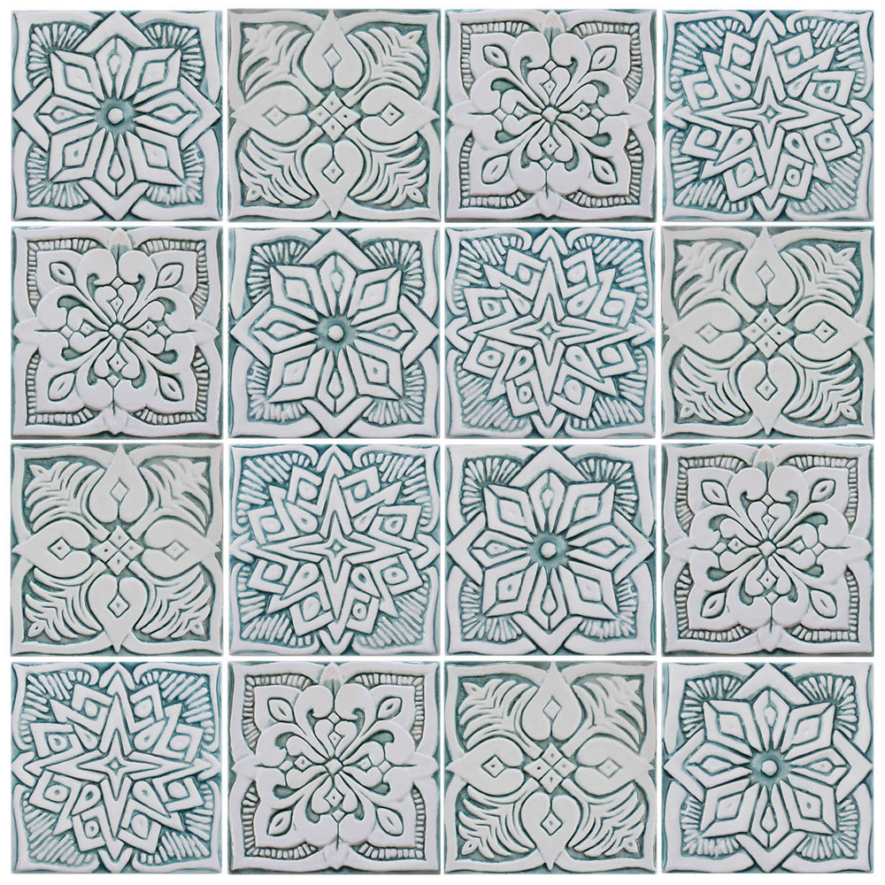 Handmade tile for kitchens, bathrooms and outdoor wall art. Decorative tile handmade in Spain in aqua & white.