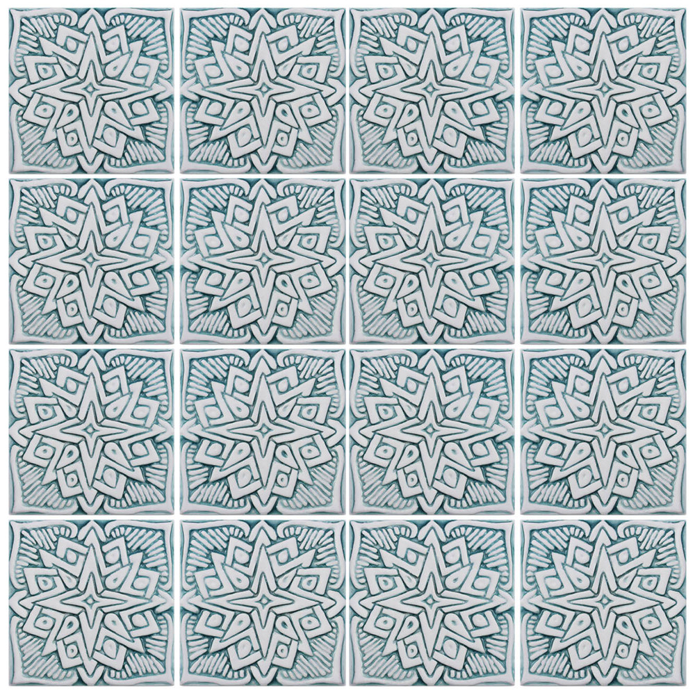 Handmade tile for kitchens, bathrooms and outdoor wall art. Decorative tile handmade in Spain in aqua & white.