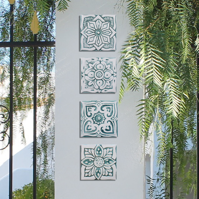 Set Of 6 Aqua Ceramic Tiles Outdoor Wall Art 15cm Each
