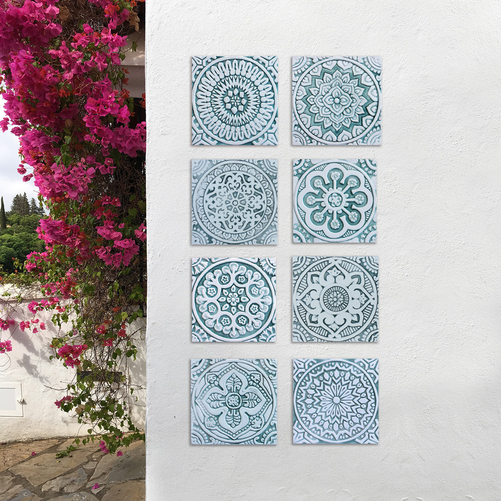Set of 8 aqua & white tiles - Handmade tiles by GVEGA