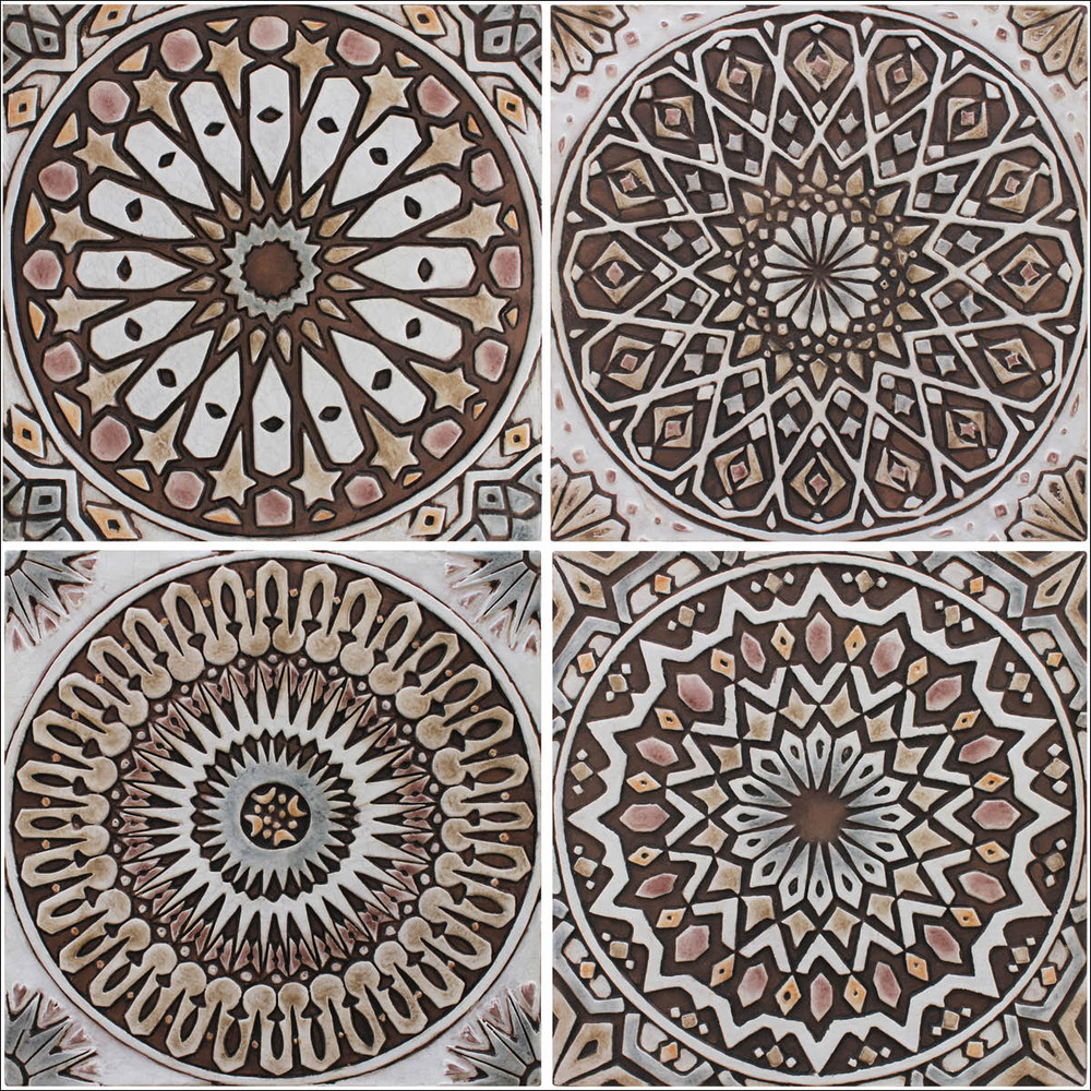 These decorative tiles make wonderful wall hangings and outdoor wall art.  These handmade Spanish tiles are carved in relief and glazed in matt brown and finished in aged effect.