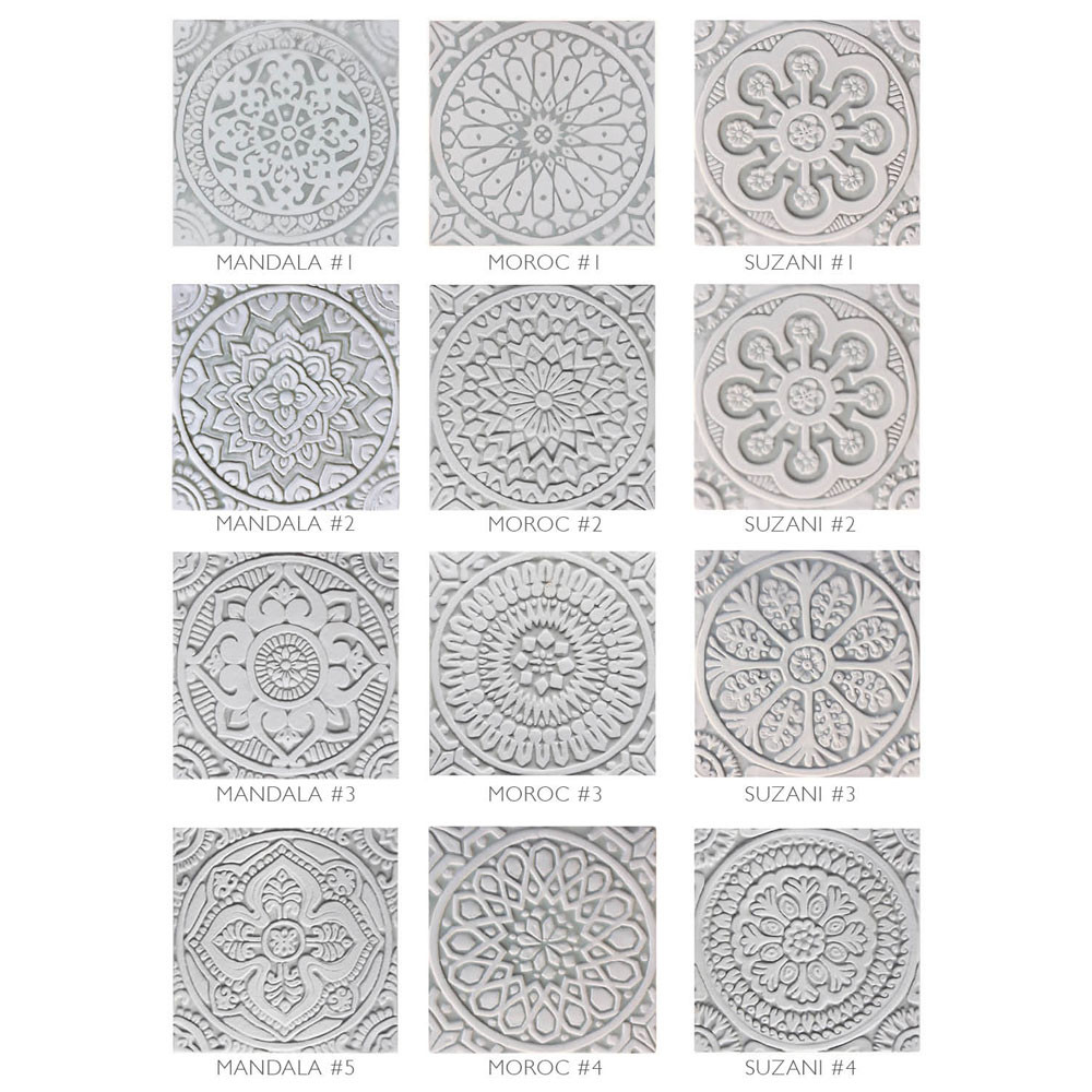 Handmade tile for kitchens, bathrooms and outdoor wall art. Decorative tile handmade in Spain. Relief tile glazed in grey and white.