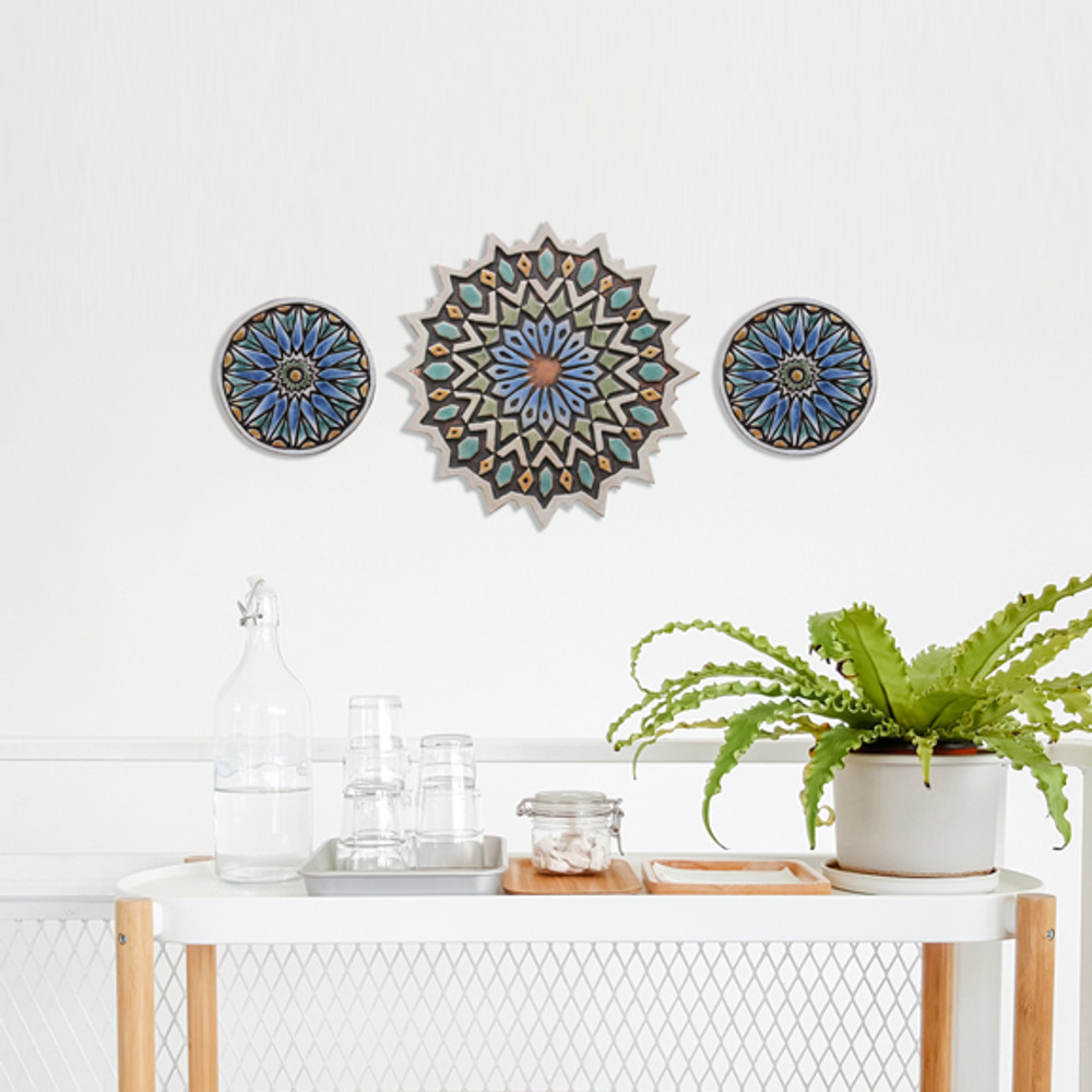 3 circle tiles - Matt blue ceramic wall art Moroccan 3