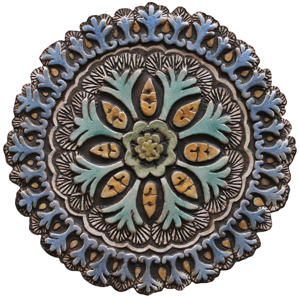 10 circles - Matt blue floral ceramic wall art / GVEGA