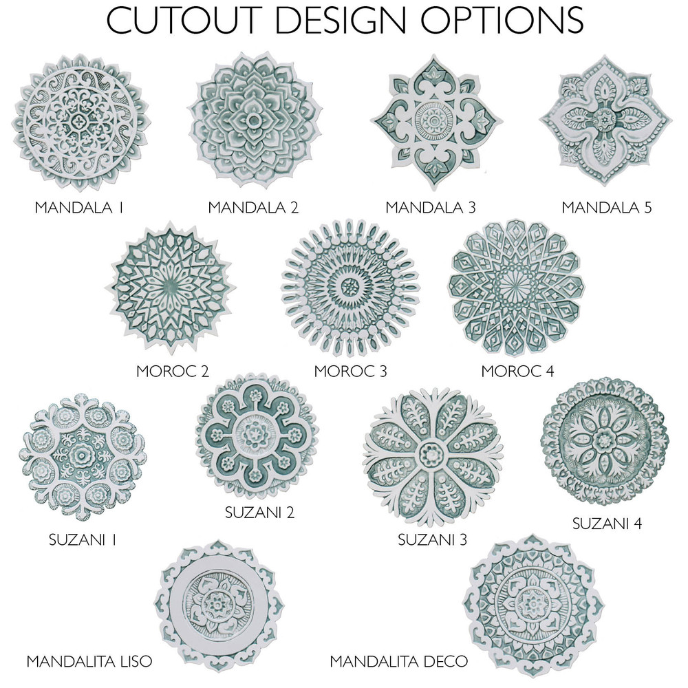 These circular tiles make beautiful outdoor wall art.  Aqua and white wall hangings for kitchens, bathrooms and wall decor. Our decorative tiles can also be combined with our other handmade tiles to make larger wall art installations.