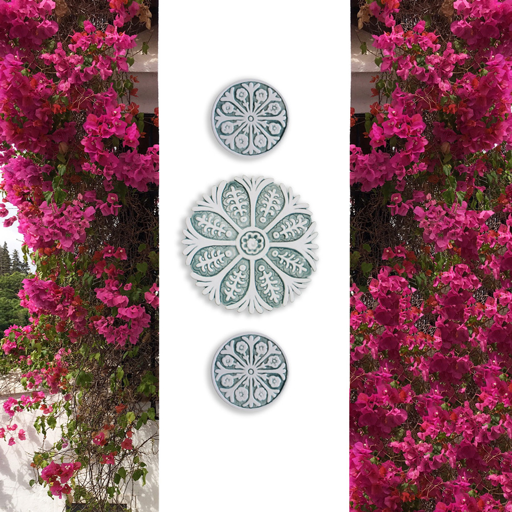 These circular tiles make beautiful outdoor wall art.  Ceramic wall art for kitchens, bathrooms and wall decor. Our decorative tiles can also be combined with our other handmade tiles to make larger wall art installations.