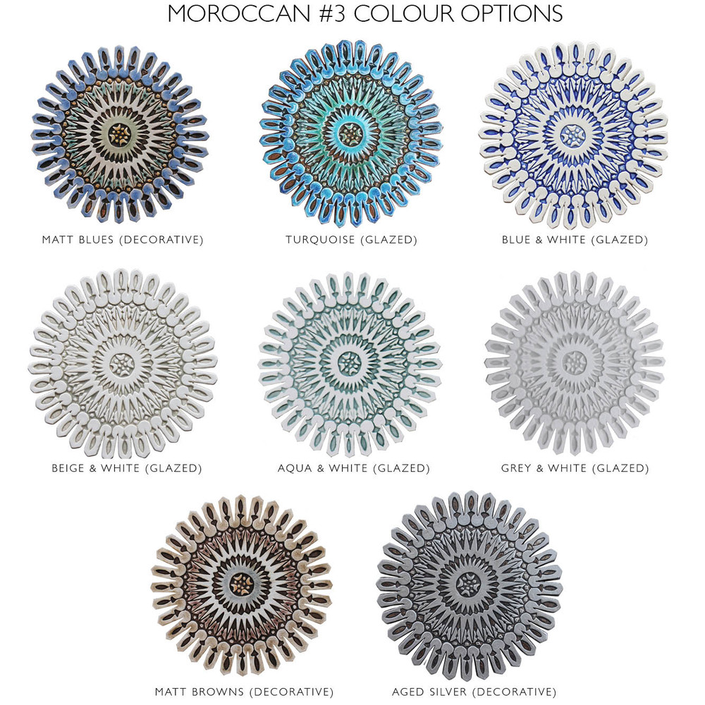 These circular tiles make beautiful outdoor wall art.  Ceramic wall art for kitchens, bathrooms and wall decor. Our decorative tiles can also be combined with our other handmade tiles to make larger wall art installations.