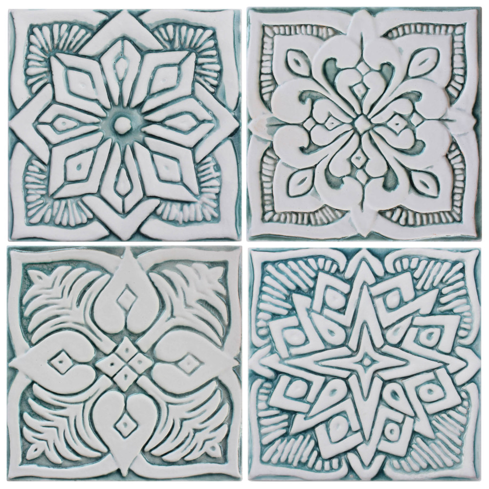 Handmade tile for kitchens, bathrooms and outdoor wall art. Decorative tile handmade in Spain in aqua & white.