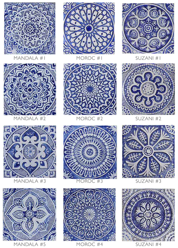 Blue and white handmade tile with relief. Decorative tile handmade in Spain.