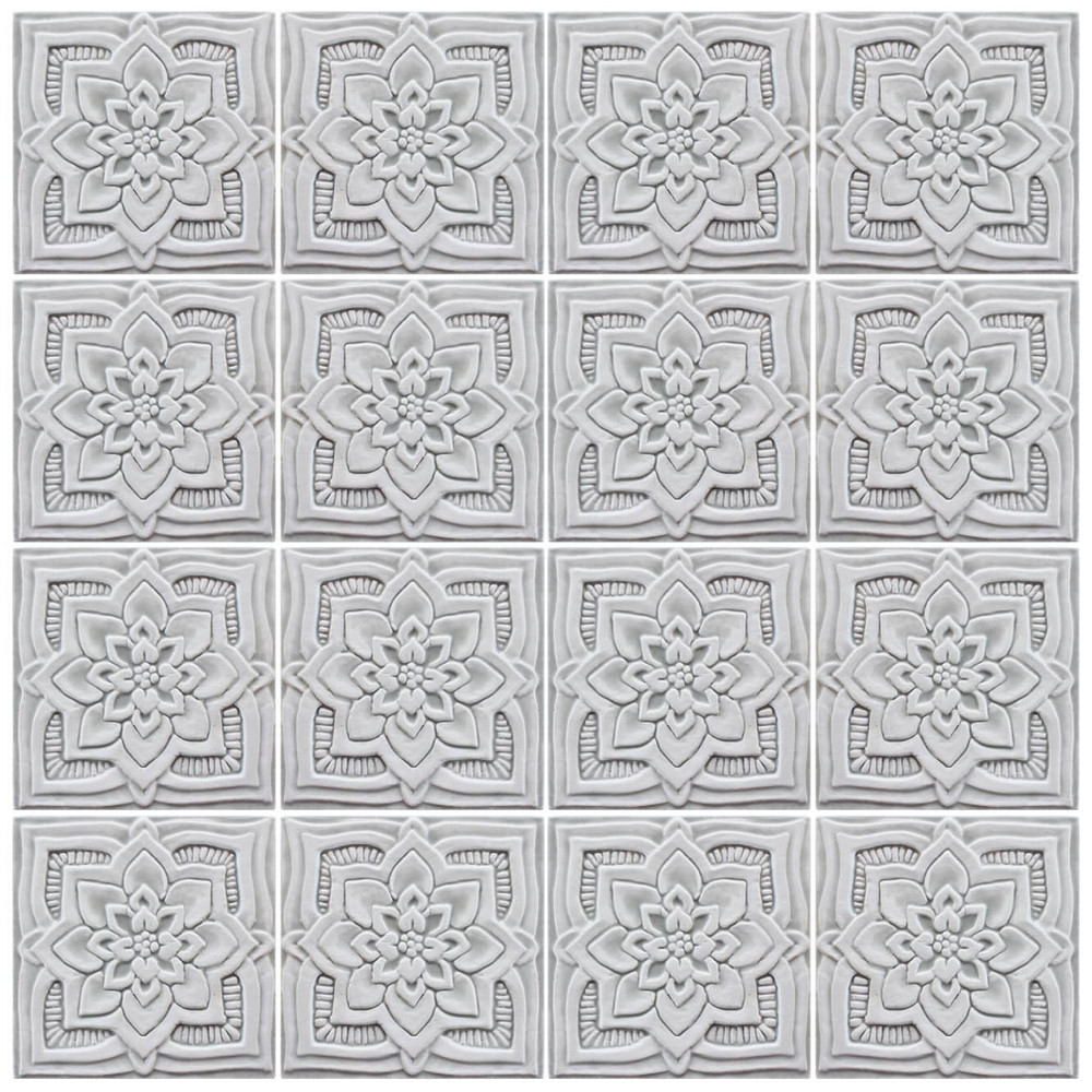 Handmade tile for kitchens, bathrooms and outdoor wall art. Decorative tile handmade in Spain. Relief tile glazed in grey and white.