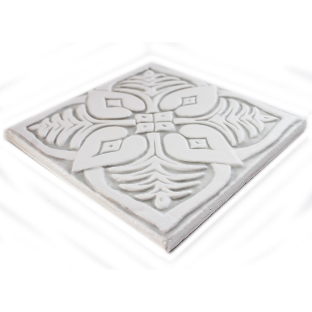 Handmade Moroccan tile for kitchens, bathrooms and outdoor wall art. Decorative tile handmade in Spain. Relief tile glazed in grey and white.