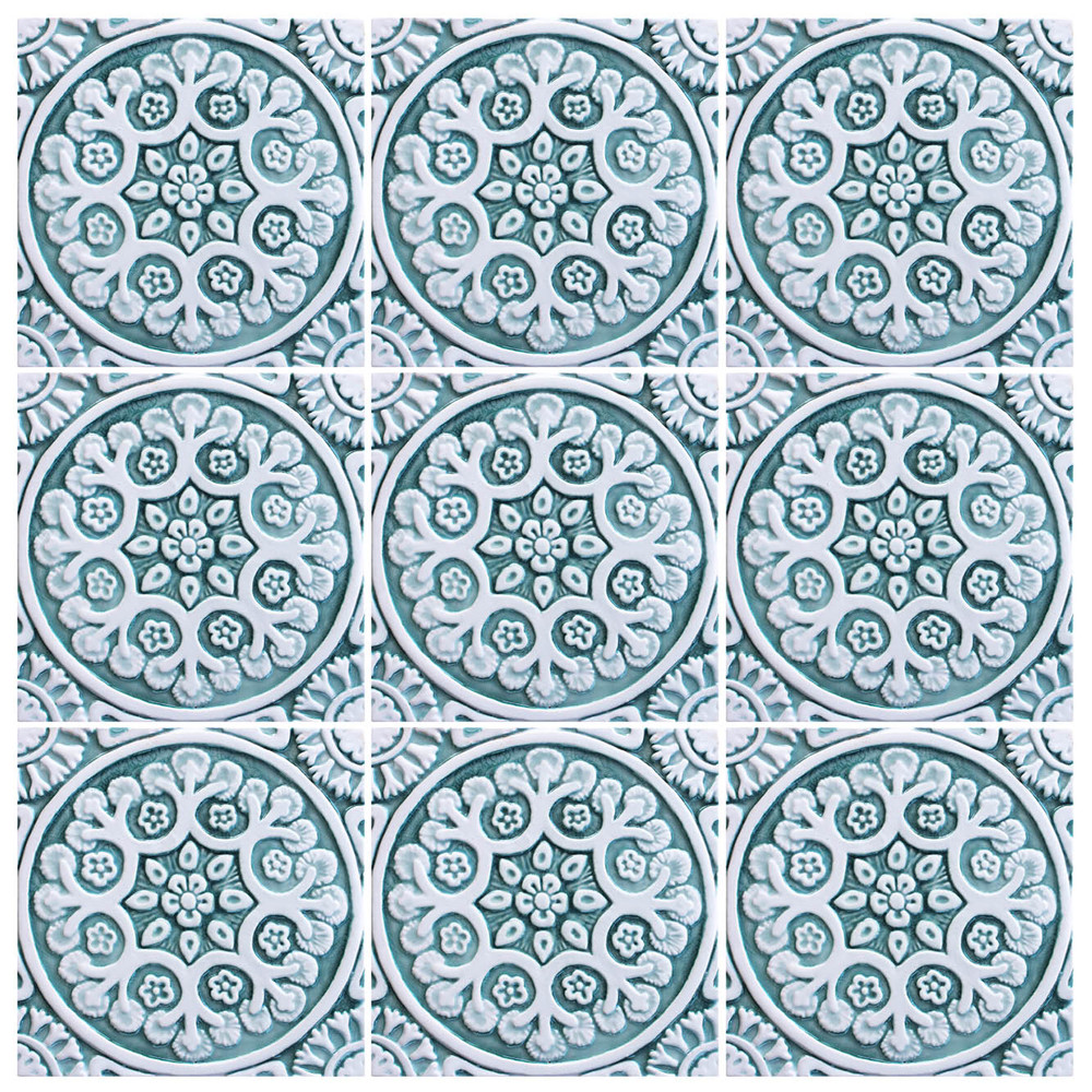 Handmade tile for kitchens, bathrooms and outdoor wall art. Decorative tile handmade in Spain. Relief tile glazed in aqua and white.