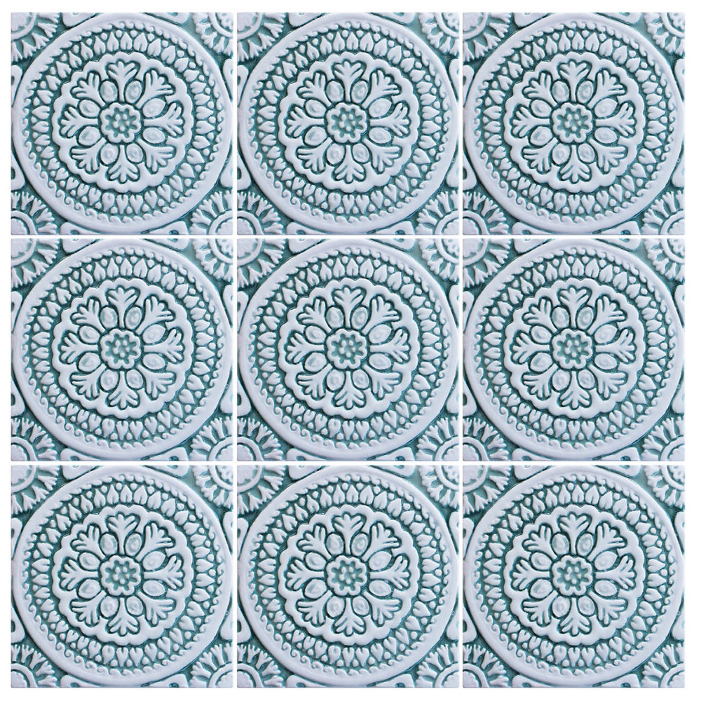 Handmade tile for kitchens, bathrooms and outdoor wall art. Decorative tile handmade in Spain. Relief tile glazed in aqua and white.