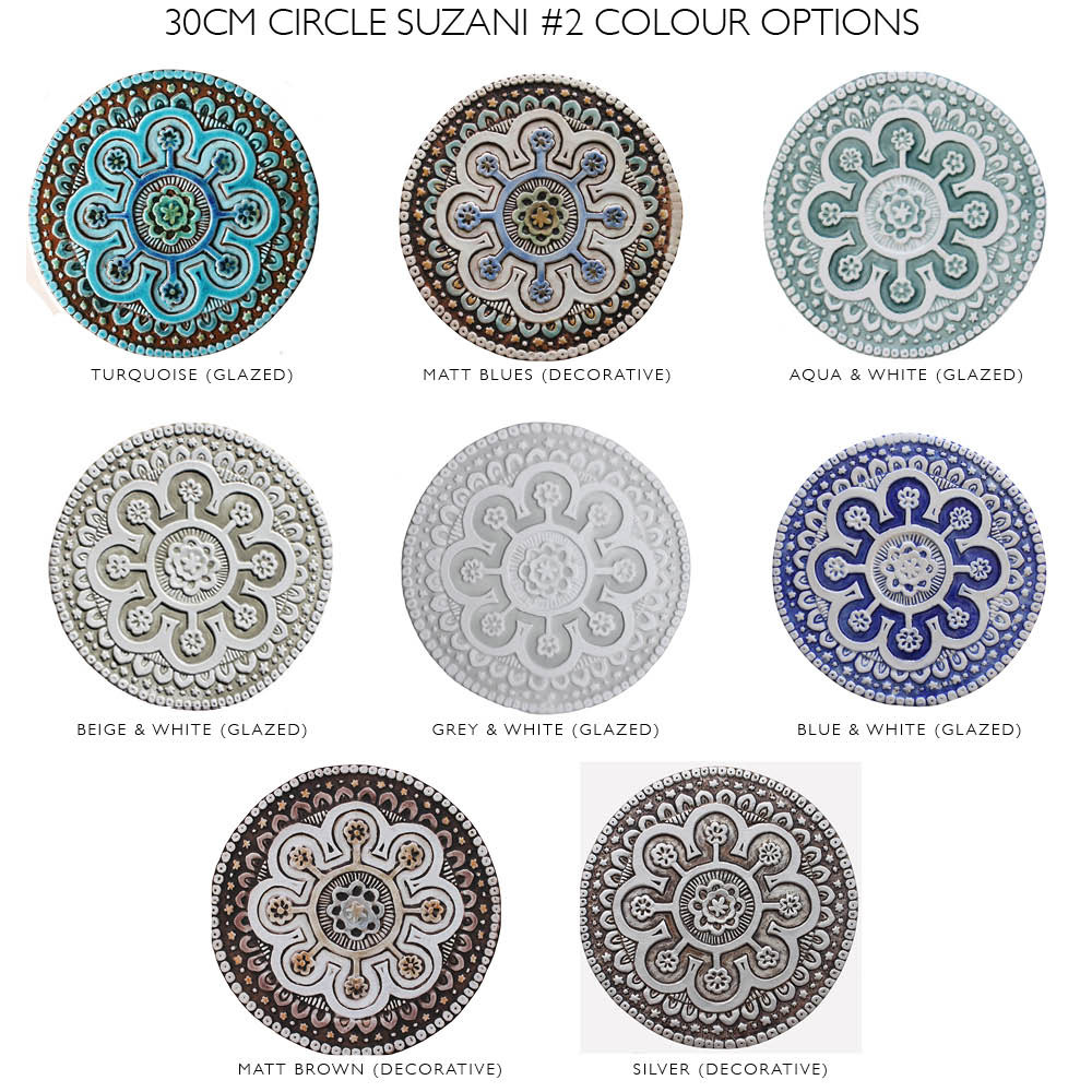 Ceramic Wall Art circle Matt Blue Suzani #2 [30cm/11.8"]