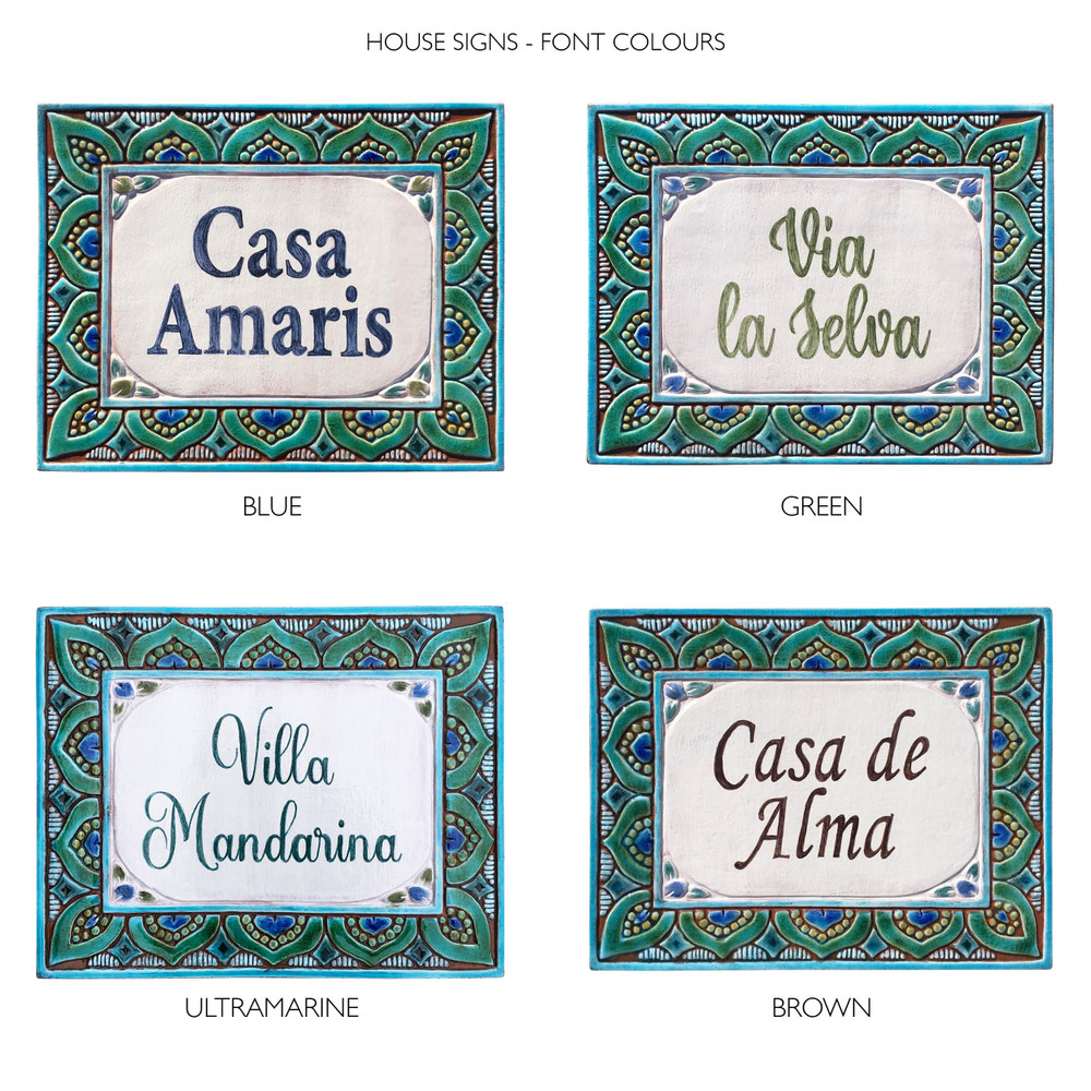 House sign made from ceramic. Address plaque hand painted with custom text. Handmade Spanish tile for house entrance.
