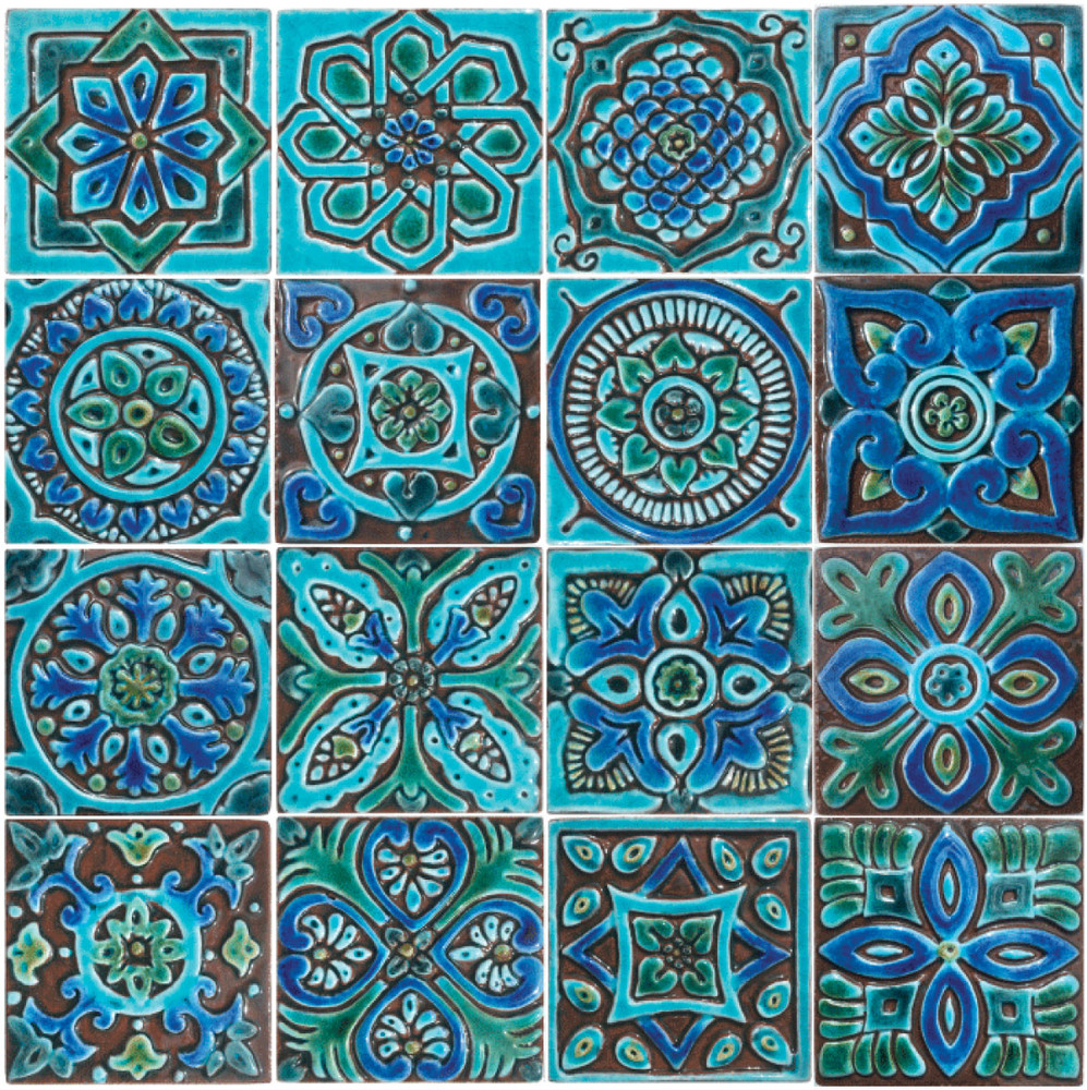 Handmade tile turquoise Suzani #1 [10cm/3.9"]