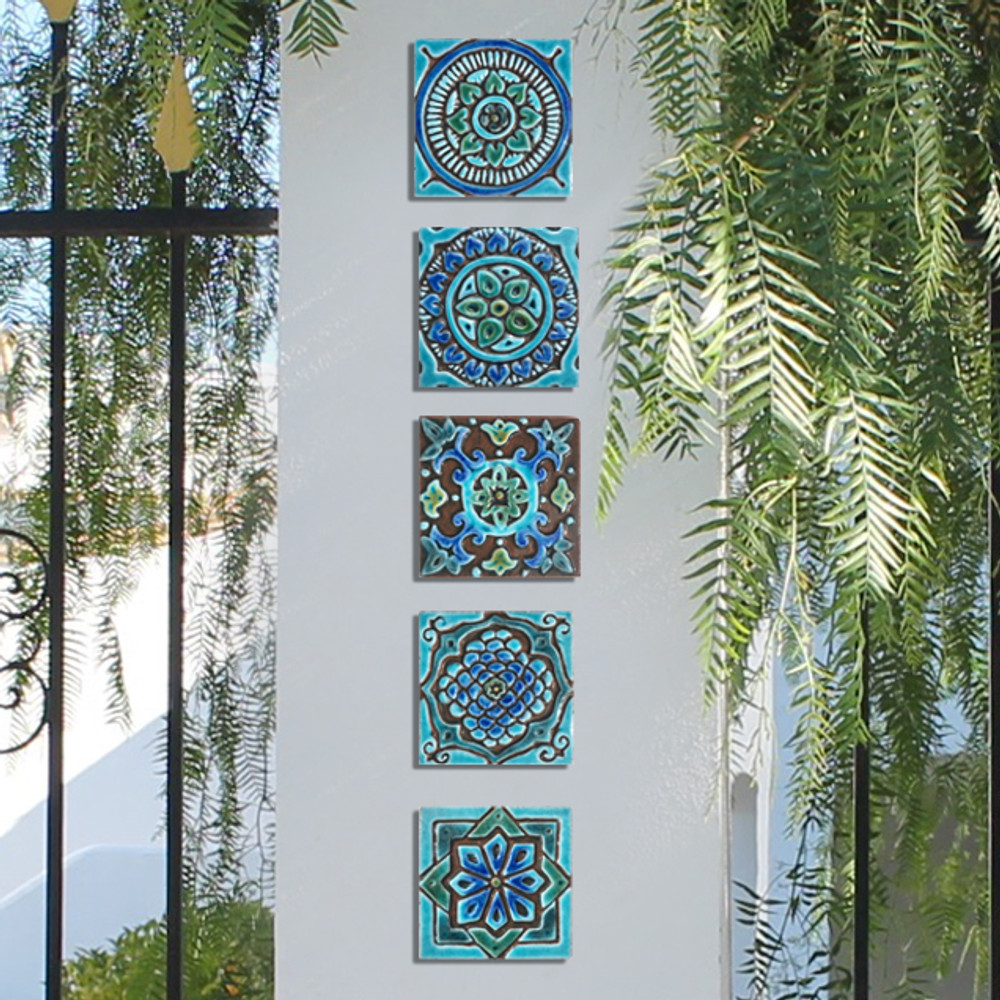 Handmade tile turquoise Suzani #2 [10cm/3.9"]