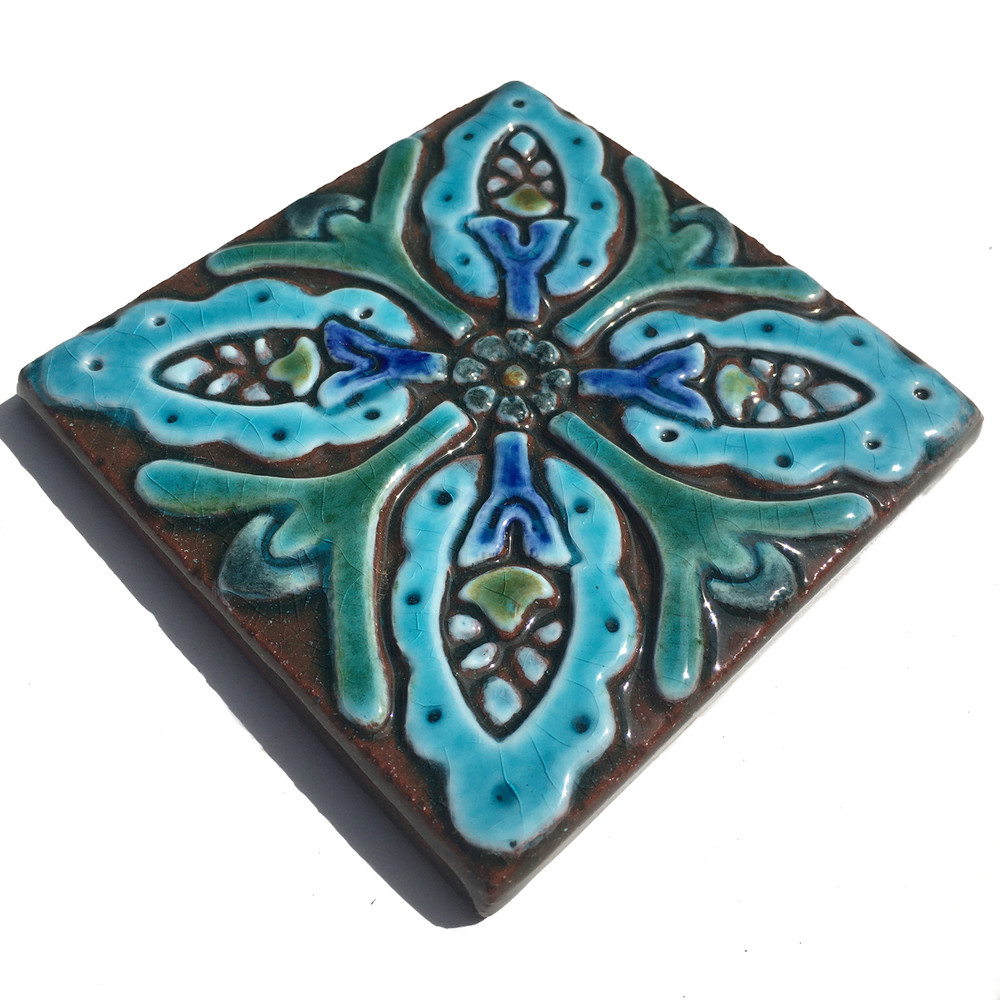 Handmade tile turquoise Suzani #2 [10cm/3.9"]
