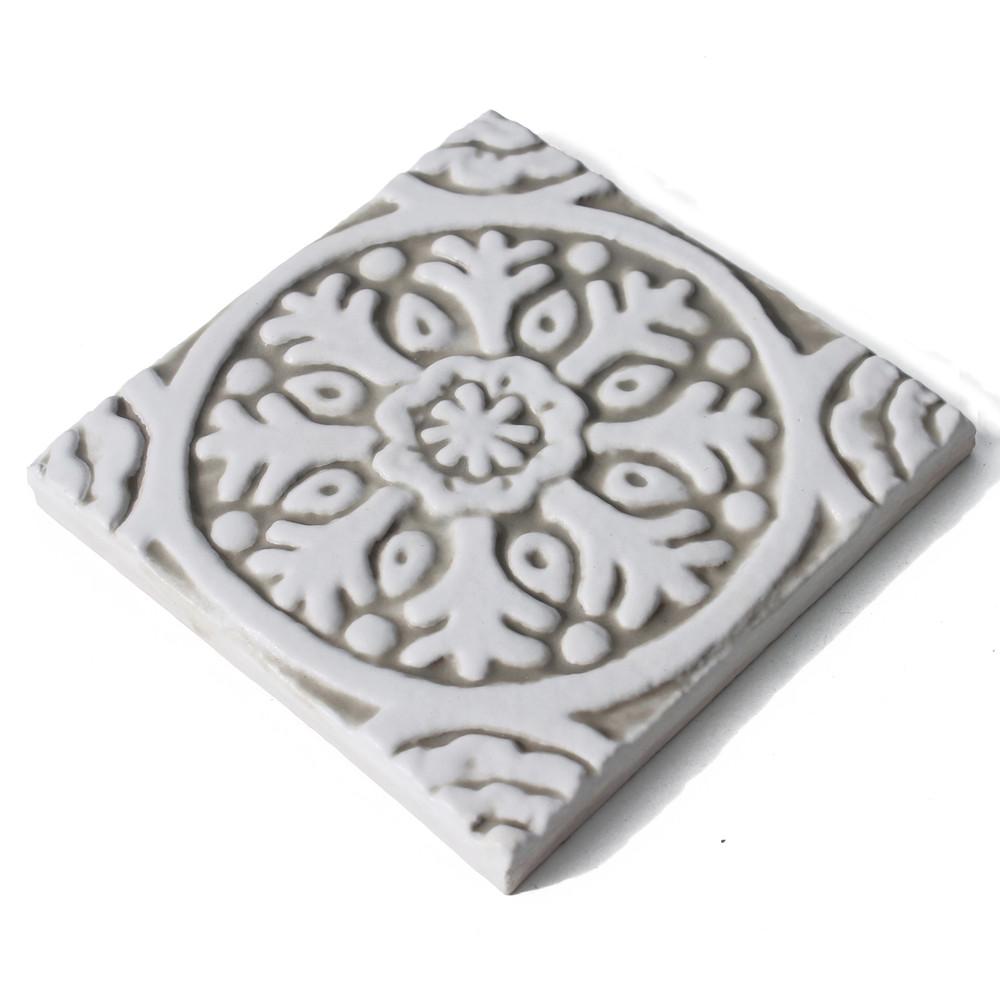 Handmade tile beige white Suzani #1 [10cm/3.9"]