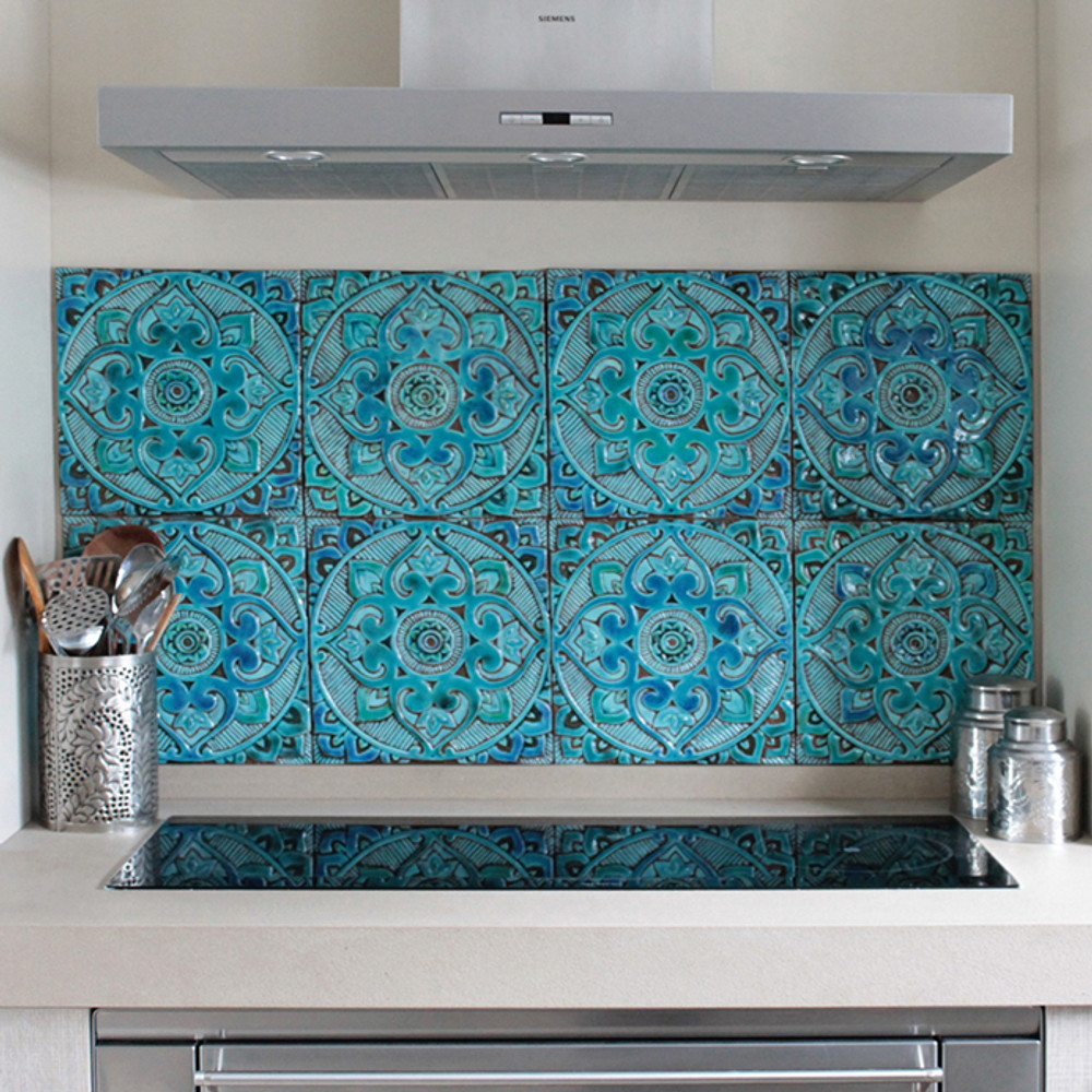Turquoise handmade tile with decorative relief. Large decorative tile with Mandala design. Kitchen splashback.