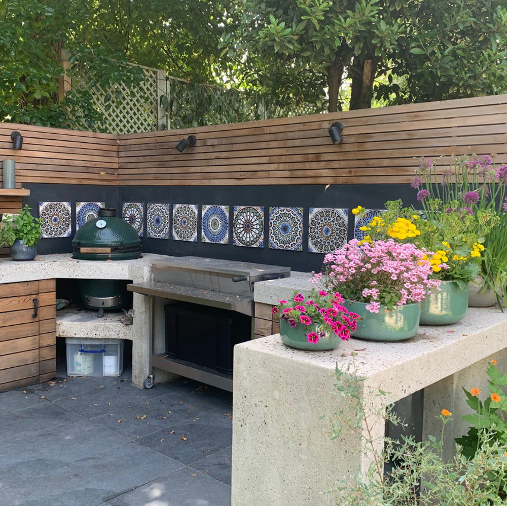 Ceramic wall art installation, garden decor, BBQ area