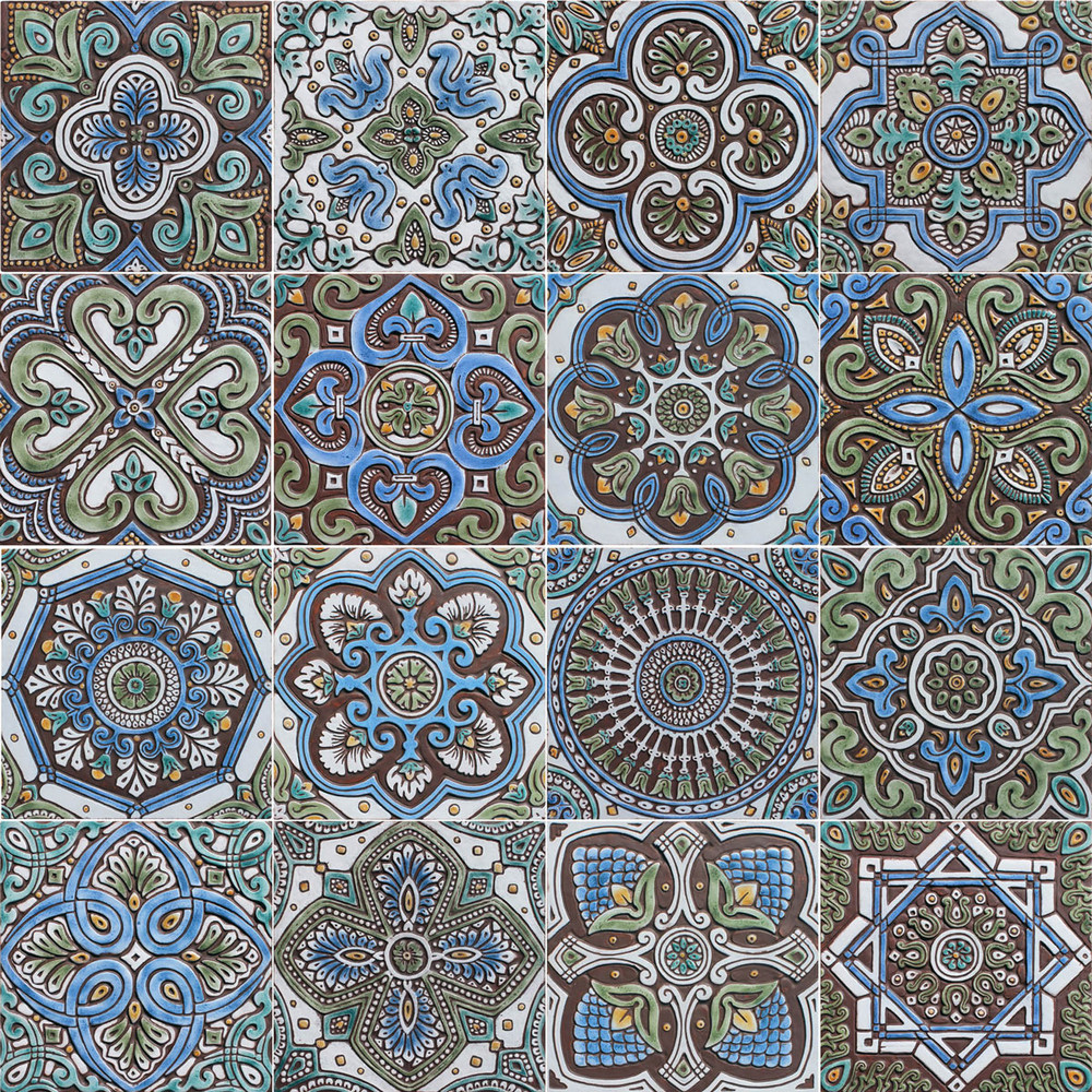 Large Spanish tile mixed patterns, Handmade ceramic tile by Gvega ceramica