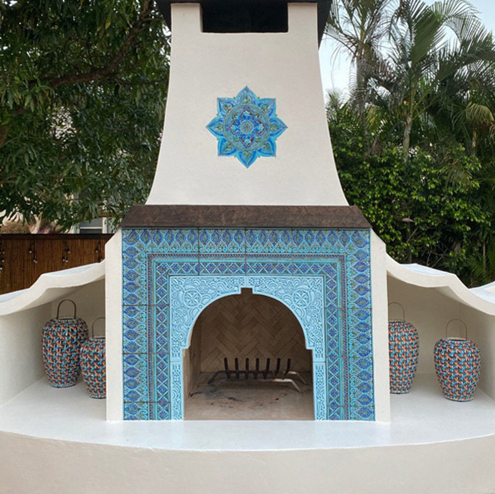 Large tapestry tile wall art - turquoise - fireplace