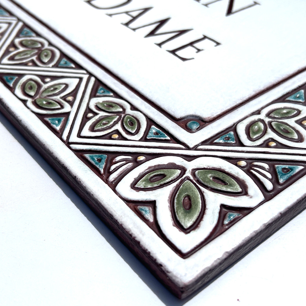 House sign made from ceramic. Address plaque hand painted with custom text. Handmade Spanish tile for house entrance.