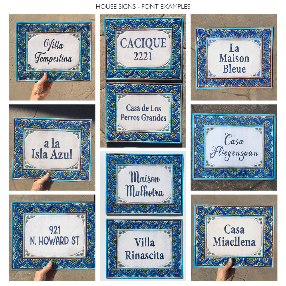 House sign made from ceramic. Address plaque hand painted with custom text. Handmade Spanish tile for house entrance.