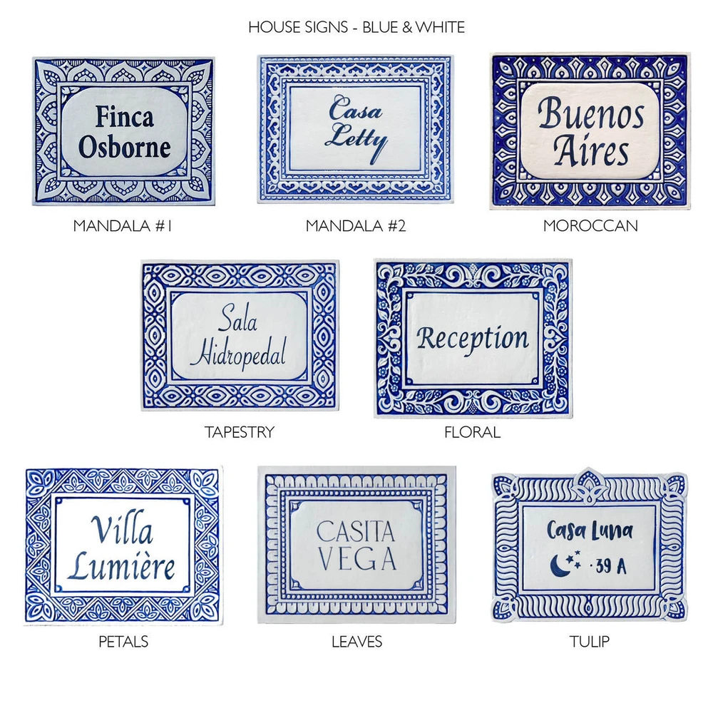 House sign made from ceramic. Address plaque hand painted with custom text. Handmade Spanish tile for house entrance.