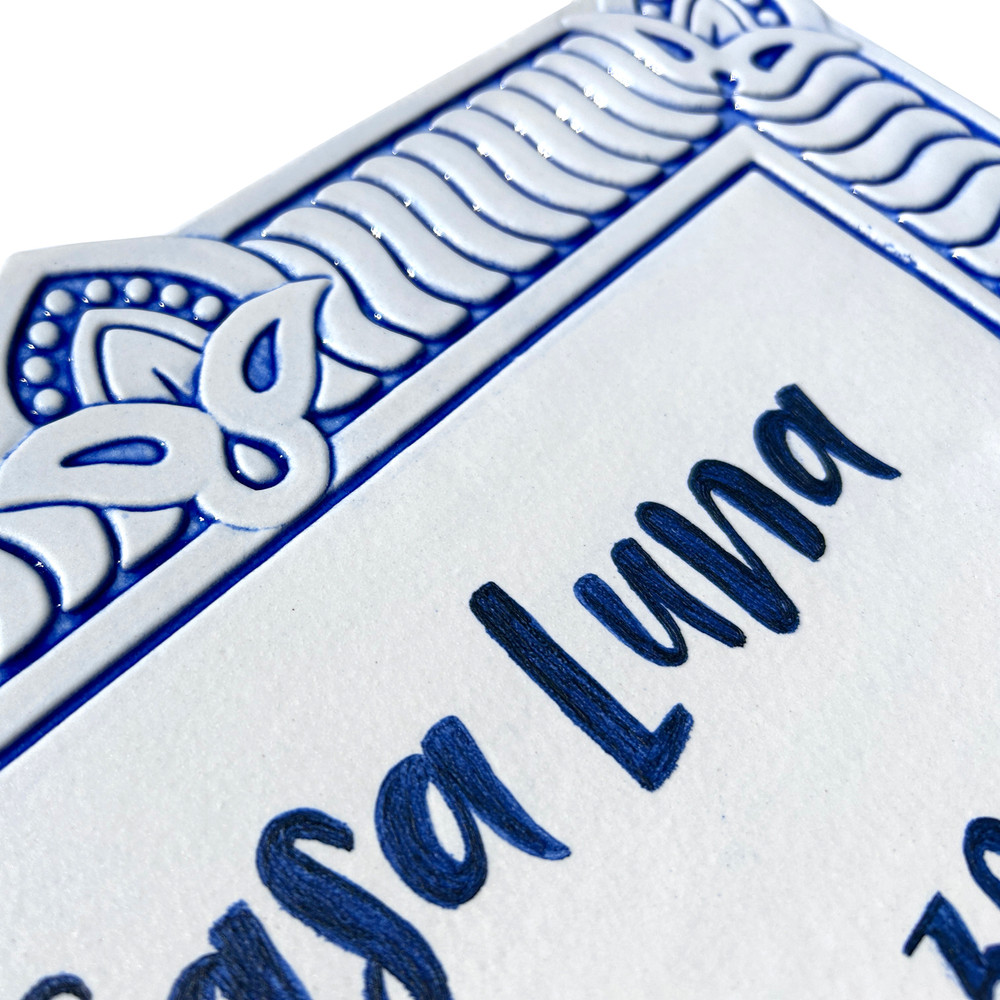 House sign made from ceramic. Address plaque hand painted with custom text. Handmade Spanish tile for house entrance.