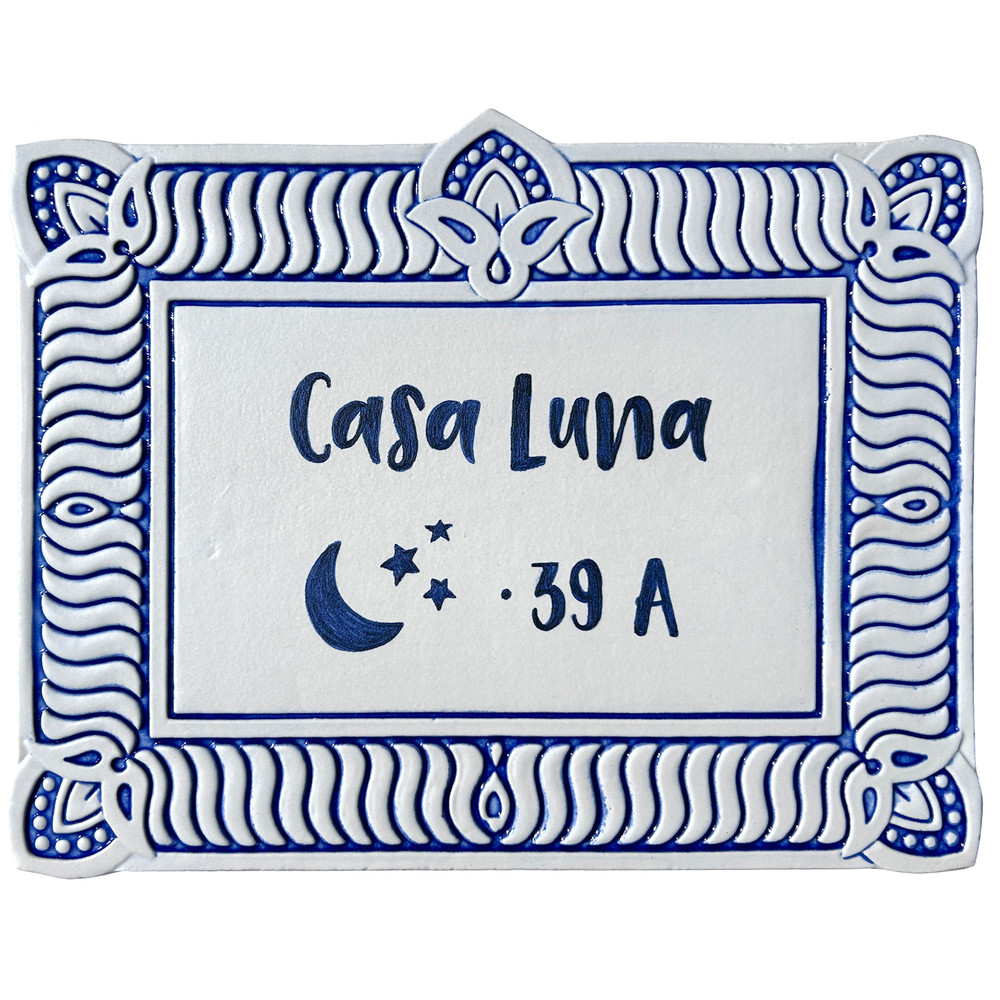 House sign made from ceramic. Address plaque hand painted with custom text. Handmade Spanish tile for house entrance.