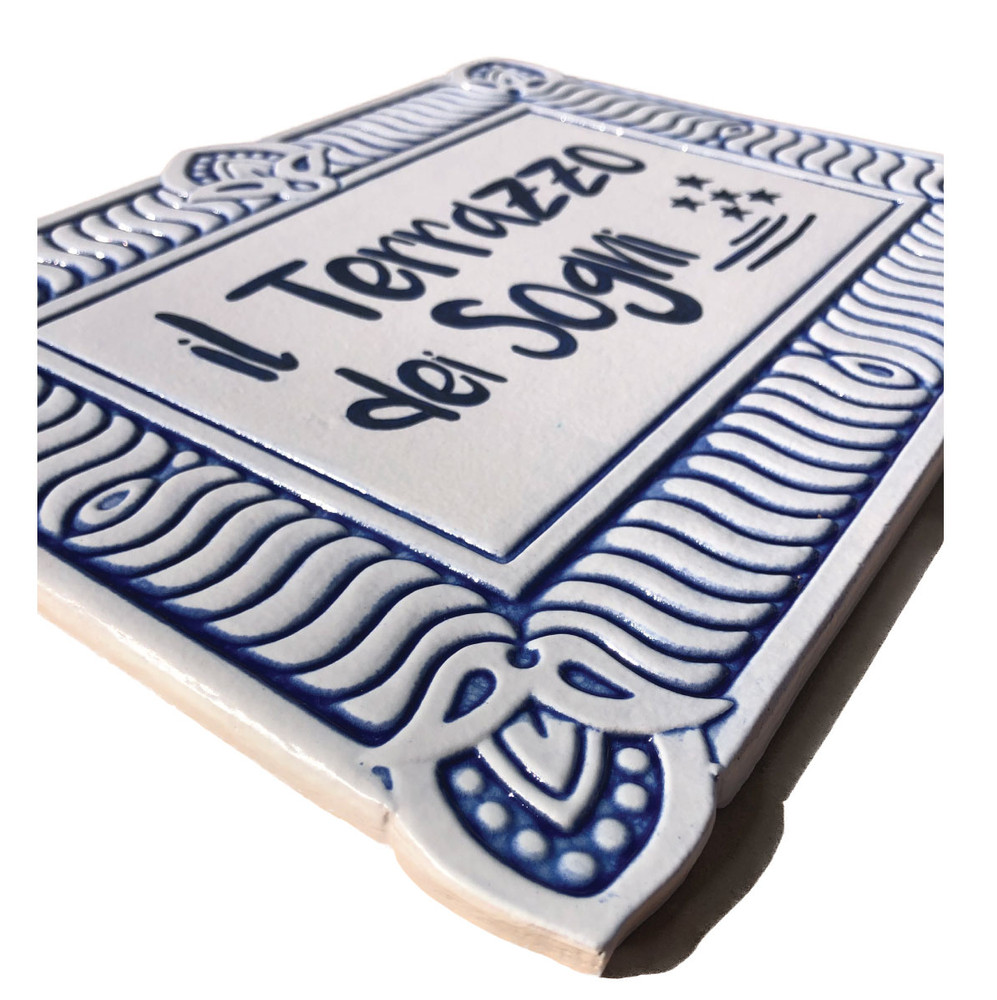 House sign made from ceramic. Address plaque hand painted with custom text. Handmade Spanish tile for house entrance.